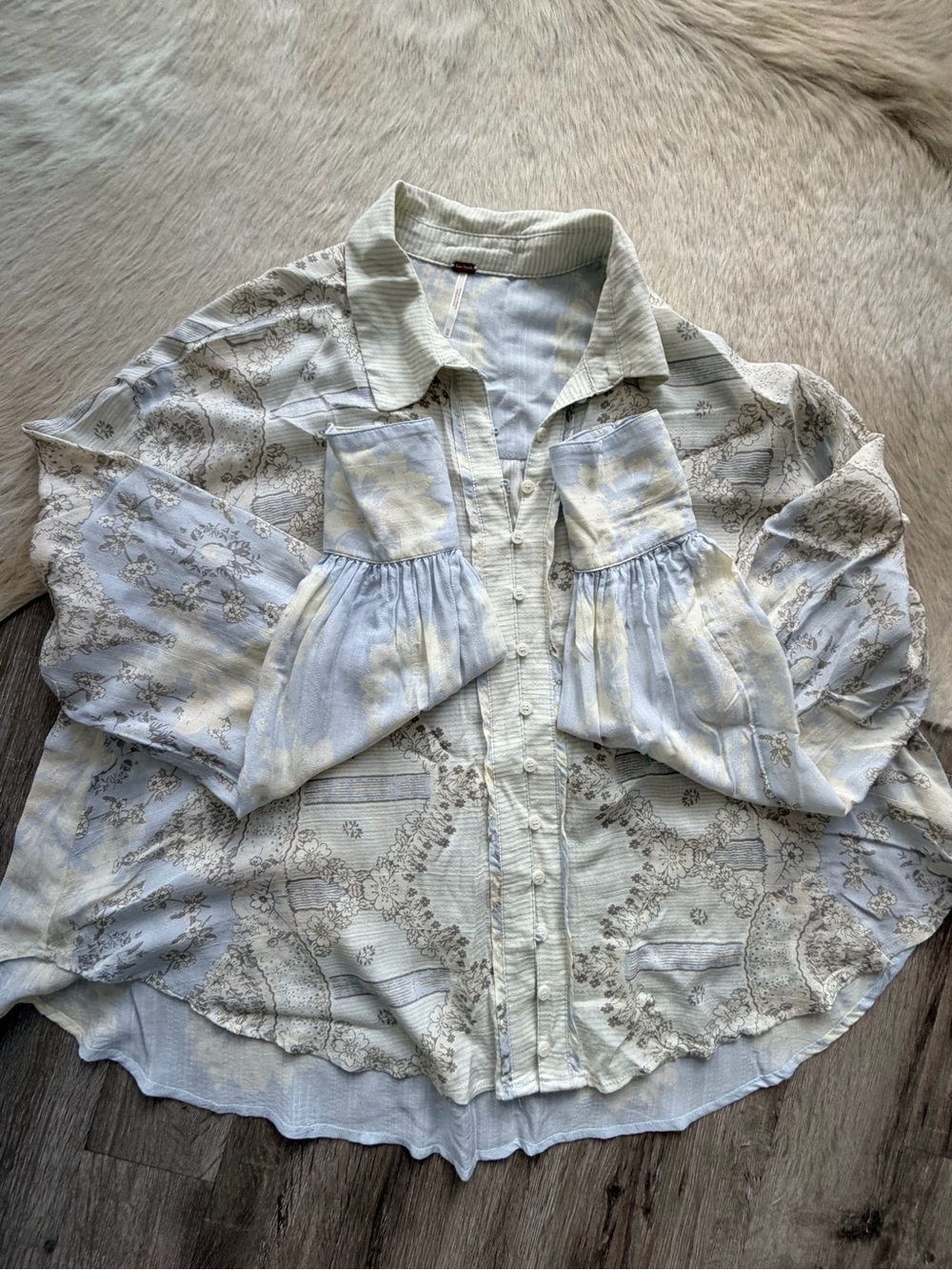 Free People Pale Blue and Cream Printed Girls' Button-Front Blouse